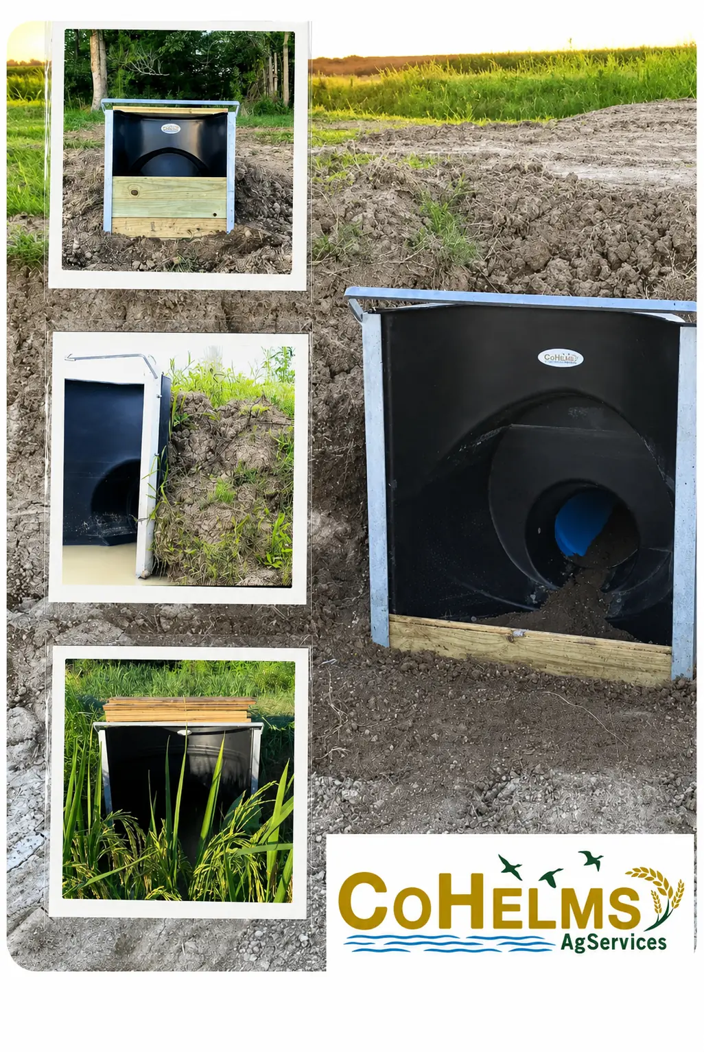 CoHelms polyethylene water control structure installation examples for agricultural fields and waterfowl impoundments
